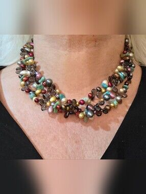 925 GENUINE PEARL & GEMSTONE DESERT ROSE TRADING NECKLACE ADJUSTABLE UP TO 22 IN